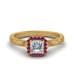 Load image into Gallery viewer, hand-engraved-vintage-asscher-diamond-engagement-ring-with-pink-sapphire-halo-in-yellow-gold-FD8588ASRGSADRPI-NL-YG?v=1757588473