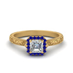 Load image into Gallery viewer, hand-engraved-vintage-asscher-diamond-engagement-ring-with-sapphire-halo-in-yellow-gold-FD8588ASRGSABL-NL-YG?v=1757588474