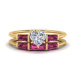 Load image into Gallery viewer, heart-shaped-bar-set-pink-sapphire-ring-with-matching-3-baguette-wedding-band-in-yellow-gold-FDENS100HTGSADRPI-NL-YG
