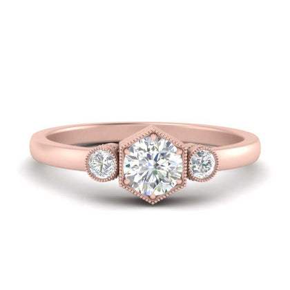 Hexagon Bezel 3 Round Stone Engagement Ring