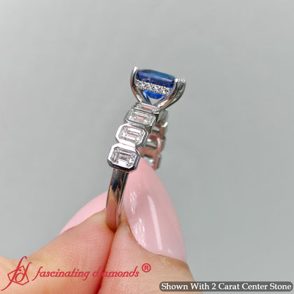 Hidden Halo Emerald Cut Blue Sapphire Engagement Ring