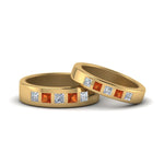Load image into Gallery viewer, his-and-hers-matching-wedding-diamond-princess-cut-bands-with-orange-sapphire-in-yellow-gold-FD9087BPRGSAOR-NL-YG.jpg
