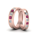 Load image into Gallery viewer, his-and-hers-matching-wedding-diamond-princess-cut-bands-with-pink-sapphire-in-rose-gold-FD9087BPRGSADRPI-NL-RG.jpg