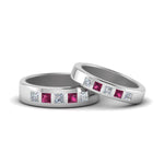 Load image into Gallery viewer, his-and-hers-matching-wedding-diamond-princess-cut-bands-with-pink-sapphire-in-white-gold-FD9087BPRGSADRPI-NL-WG.jpg