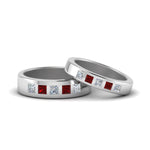 Load image into Gallery viewer, his-and-hers-matching-wedding-diamond-princess-cut-bands-with-ruby-in-white-gold-FD9087BPRGRUDR-NL-WG.jpg