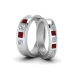 Load image into Gallery viewer, his-and-hers-matching-wedding-diamond-princess-cut-bands-with-ruby-in-white-gold-FD9087BPRGRUDR-NL-WG.jpg