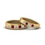 Load image into Gallery viewer, his-and-hers-matching-wedding-diamond-princess-cut-bands-with-ruby-in-yellow-gold-FD9087BPRGRUDR-NL-YG.jpg