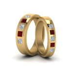 Load image into Gallery viewer, his-and-hers-matching-wedding-diamond-princess-cut-bands-with-ruby-in-yellow-gold-FD9087BPRGRUDR-NL-YG.jpg