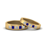 Load image into Gallery viewer, his-and-hers-matching-wedding-diamond-princess-cut-bands-with-sapphire-in-yellow-gold-FD9087BPRGSABL-NL-YG.jpg