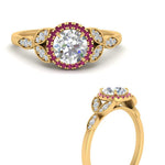Load image into Gallery viewer, leaves-round-cut-halo-diamond-engagement-ring-with-pink-sapphire-in-yellow-gold-FD9827RORGSADRPIANGLE3-NL-YG.jpg?v=1770891318
