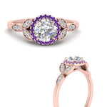 Load image into Gallery viewer, leaves-round-cut-halo-diamond-engagement-ring-with-purple-topaz-in-rose-gold-FD9827RORGVITOANGLE3-NL-RG.jpg?v=1770891318