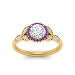 Load image into Gallery viewer, leaves-round-cut-halo-diamond-engagement-ring-with-purple-topaz-in-yellow-gold-FD9827RORGVITOANGLE5-NL-YG.jpg?v=1770891318