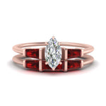 Load image into Gallery viewer, marquise-cut-bar-set-ruby-ring-with-matching-3-baguette-wedding-band-in-rose-gold-FDENS100MQGRUDR-NL-RG