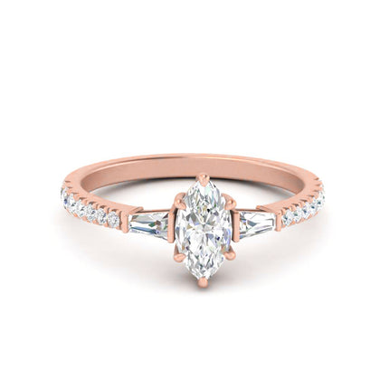 Lab Grown Marquise Cut Diamond Ring with Baguette Side Stones