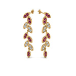 Load image into Gallery viewer, pave-diamond-leaf-drop-earring-with-pink-sapphire-in-14K-yellow-gold-FD-EAR8334GSADRPI-NL-YG