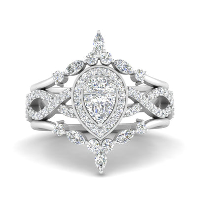 Crown Design Pear Halo Lab Grown Diamond Wedding Set