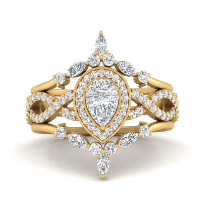Crown Design Pear Halo Lab Grown Diamond Wedding Set