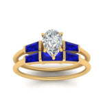 Load image into Gallery viewer, pear-shaped-bar-set-sapphire-ring-with-matching-3-baguette-wedding-band-in-yellow-gold-FDENS100PEGSABLANGLE5-NL-YG