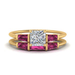Load image into Gallery viewer, princess-cut-bar-set-pink-sapphire-ring-with-matching-3-baguette-wedding-band-in-FDENS100PRGSADRPI-NL-YG
