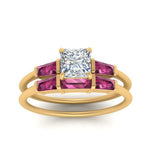 Load image into Gallery viewer, princess-cut-bar-set-pink-sapphire-ring-with-matching-3-baguette-wedding-band-in-yellow-gold-FDENS100PRGSADRPIANGLE5-NL-YG