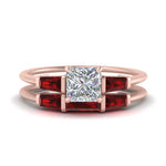 Load image into Gallery viewer, princess-cut-bar-set-ruby-ring-with-matching-3-baguette-wedding-band-in-rose-gold-FDENS100PRGRUDR-NL-RG
