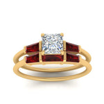 Load image into Gallery viewer, princess-cut-bar-set-ruby-ring-with-matching-3-baguette-wedding-band-in-FDENS100PRGRUDR-NL-YG
