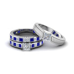 Load image into Gallery viewer, princess-cut-diamond-engraved-trio-matching-diamond-wedding-sets-with-blue-sapphire-in-14K-white-gold-FD8225TPRGSABL-NL-WG?v=1756184720