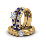 Load image into Gallery viewer, princess-cut-diamond-engraved-trio-matching-diamond-wedding-sets-with-blue-sapphire-in-14K-yellow-gold-FD8225TPRGSABLANGLE5-NL-YG?v=1756184721