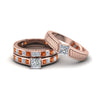 Load image into Gallery viewer, princess-cut-diamond-engraved-trio-matching-diamond-wedding-sets-with-orange-sapphire-in-14K-rose-gold-FD8225TPRGSAOR-NL-RG?v=1756184721