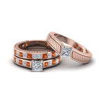 Load image into Gallery viewer, princess-cut-diamond-engraved-trio-matching-diamond-wedding-sets-with-orange-sapphire-in-18K-rose-gold-FD8225TPRGSAOR-NL-RG?v=1756184720