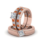 Load image into Gallery viewer, princess-cut-diamond-engraved-trio-matching-diamond-wedding-sets-with-orange-sapphire-in-18K-rose-gold-FD8225TPRGSAORANGLE5-NL-RG?v=1756184720