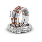 Load image into Gallery viewer, princess-cut-diamond-engraved-trio-matching-diamond-wedding-sets-with-orange-sapphire-in-18K-white-gold-FD8225TPRGSAORANGLE5-NL-WG?v=1756184721