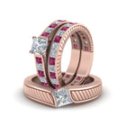 Load image into Gallery viewer, princess-cut-diamond-engraved-trio-matching-diamond-wedding-sets-with-pink-sapphire-in-14K-rose-gold-FD8225TPRGSADRPIANGLE5-NL-RG?v=1756184720