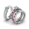 Load image into Gallery viewer, princess-cut-diamond-engraved-trio-matching-diamond-wedding-sets-with-pink-sapphire-in-14K-white-gold-FD8225TPRGSADRPIANGLE2-NL-WG?v=1756184720