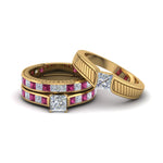 Load image into Gallery viewer, princess-cut-diamond-engraved-trio-matching-diamond-wedding-sets-with-pink-sapphire-in-14K-yellow-gold-FD8225TPRGSADRPI-NL-YG?v=1756184720