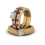 Load image into Gallery viewer, princess-cut-diamond-engraved-trio-matching-diamond-wedding-sets-with-pink-sapphire-in-14K-yellow-gold-FD8225TPRGSADRPIANGLE5-NL-YG?v=1756184720