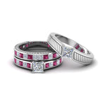 Load image into Gallery viewer, princess-cut-diamond-engraved-trio-matching-diamond-wedding-sets-with-pink-sapphire-in-950-Platinum-FD8225TPRGSADRPI-NL-WG?v=1756184720