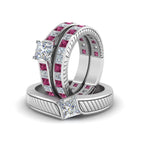 Load image into Gallery viewer, princess-cut-diamond-engraved-trio-matching-diamond-wedding-sets-with-pink-sapphire-in-950-Platinum-FD8225TPRGSADRPIANGLE5-NL-WG?v=1756184720