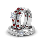 Load image into Gallery viewer, princess-cut-diamond-engraved-trio-matching-diamond-wedding-sets-with-ruby-in-14K-white-gold-FD8225TPRGRUDRANGLE5-NL-WG?v=1756184721