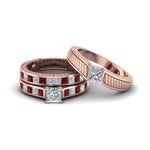 Load image into Gallery viewer, princess-cut-diamond-engraved-trio-matching-diamond-wedding-sets-with-ruby-in-18K-rose-gold-FD8225TPRGRUDR-NL-RG?v=1756184721