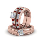 Load image into Gallery viewer, princess-cut-diamond-engraved-trio-matching-diamond-wedding-sets-with-ruby-in-18K-rose-gold-FD8225TPRGRUDRANGLE5-NL-RG?v=1756184724