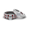 Load image into Gallery viewer, princess-cut-diamond-engraved-trio-matching-diamond-wedding-sets-with-ruby-in-18K-white-gold-FD8225TPRGRUDR-NL-WG?v=1756184720