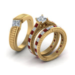 Load image into Gallery viewer, princess-cut-diamond-engraved-trio-matching-diamond-wedding-sets-with-ruby-in-18K-yellow-gold-FD8225TPRGRUDRANGLE2-NL-YG?v=1756184721