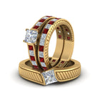 Load image into Gallery viewer, princess-cut-diamond-engraved-trio-matching-diamond-wedding-sets-with-ruby-in-18K-yellow-gold-FD8225TPRGRUDRANGLE5-NL-YG?v=1756184721