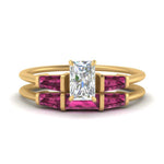 Load image into Gallery viewer, radiant-cut-bar-set-pink-sapphire-ring-with-matching-3-baguette-wedding-band-in-FDENS100RAGSADRPI-NL-YG