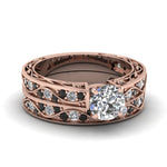 Load image into Gallery viewer, round-cut-antique-filigree-wedding-ring-set-with-black-diamond-in-rose-gold-FDENS3543ROGBLACK-NL-RG