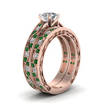 Load image into Gallery viewer, round-cut-antique-filigree-wedding-ring-set-with-emerald-in-rose-gold-FDENS3543ROGEMGRANGLE2-NL-RG