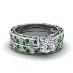 Load image into Gallery viewer, round-cut-antique-filigree-wedding-ring-set-with-emerald-in-white-gold-FDENS3543ROGEMGR-NL-WG