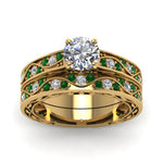 Load image into Gallery viewer, round-cut-antique-filigree-wedding-ring-set-with-emerald-in-yellow-gold-FDENS3543ROGEMGRANGLE5-NL-YG