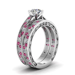 Load image into Gallery viewer, round-cut-antique-filigree-wedding-ring-set-with-pink-sapphire-in-white-gold-FDENS3543ROGSADRPIANGLE2-NL-WG